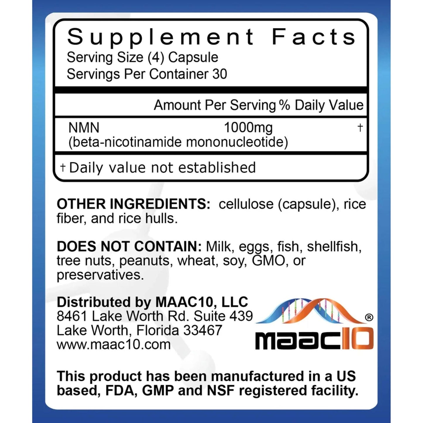 MAAC10 NMN 1000mg 120 cápsulas – Nicotinamida Mononucleótido de alta pureza